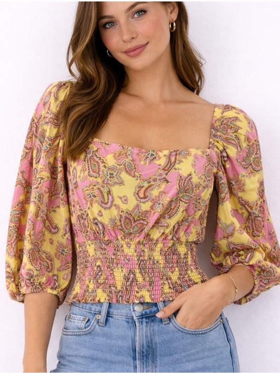 AFRM Tops - AFRM 3/4 Sleeve Smocked Crop Top with Button Back yellow/pink paisley print Sz S